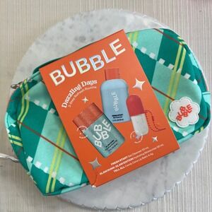 Bubble Skin Dazzling Days Set Cleanser Moisturizer Lip Balm Plaid Pouch Bag New